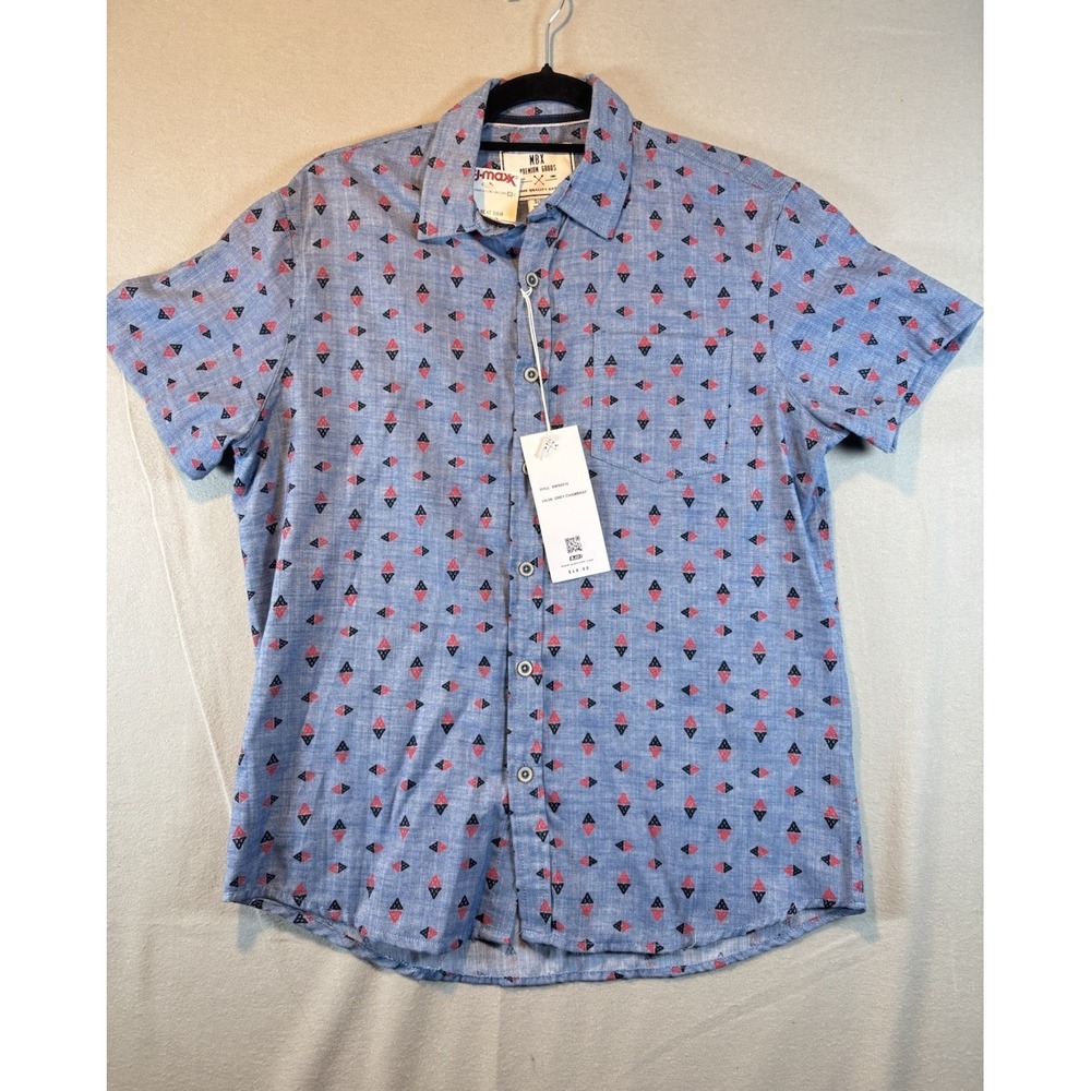 MBX Premium Good Mens‎ Casual Short Sleeve Geometric Button Up Shirt Size S Blue